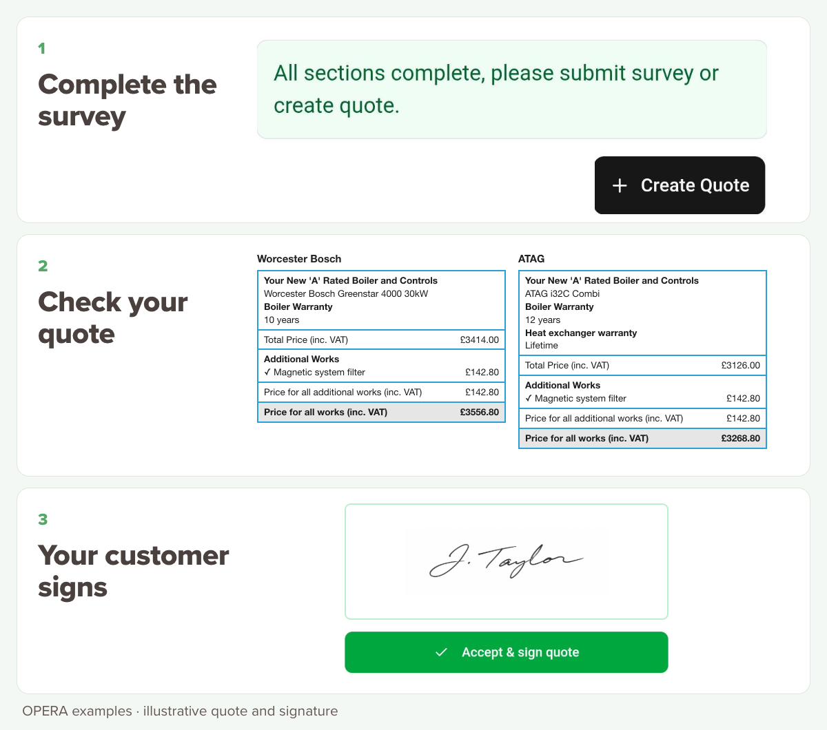 OPERA examples: complete the survey, check the quote, and the customer signs on their phone